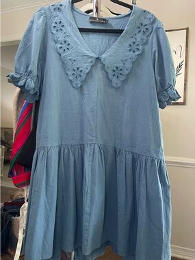 Pomander Place Blue Babydoll Dress Medium Eyelet Collar Cottagecore